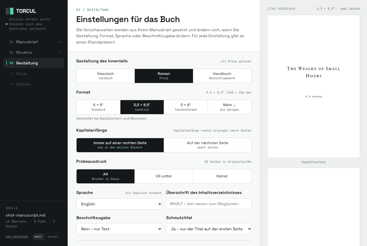 Der Einstellungsbildschirm: Format, Gestaltung, Überschrift des Inhaltsverzeichnisses und Titelei