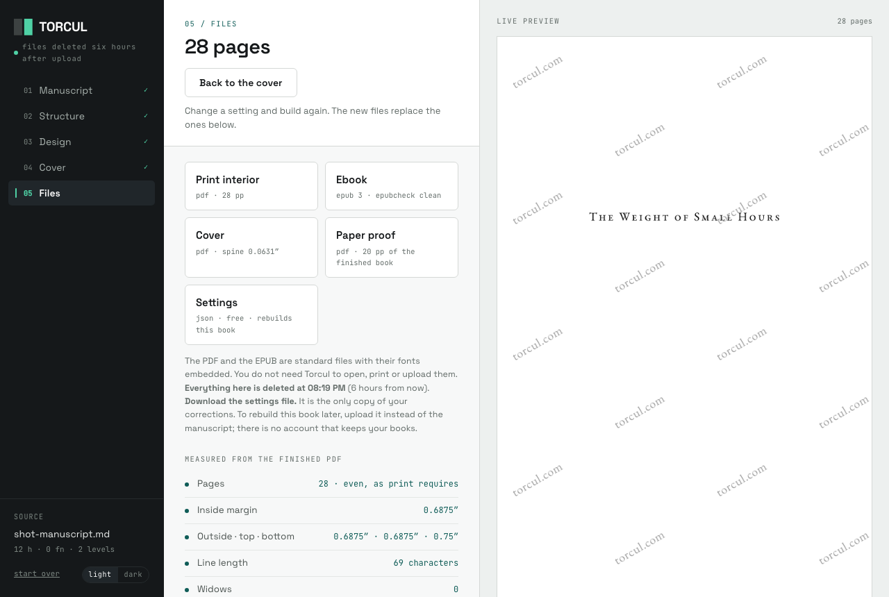 The result screen: downloads, margins, page faults, cover measurements and the EPUBCheck result