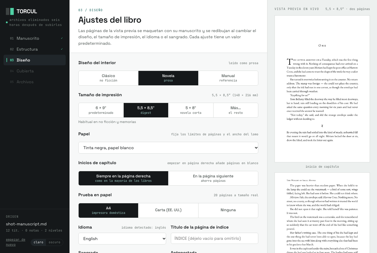 La pantalla de ajustes: tamaño de impresión, diseño, título del índice y páginas preliminares