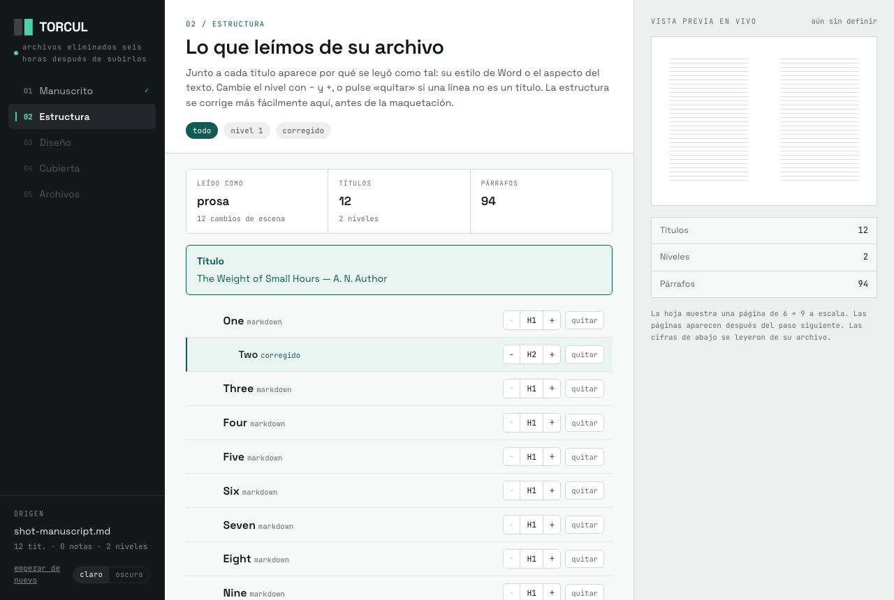 La pantalla de estructura: recuentos, avisos y cada título con el motivo por el que se leyó como tal